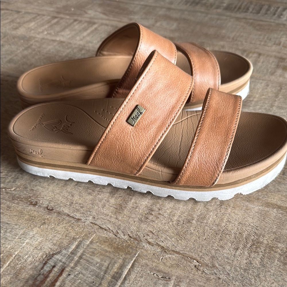 Reef Tan Leather Slide Sandals